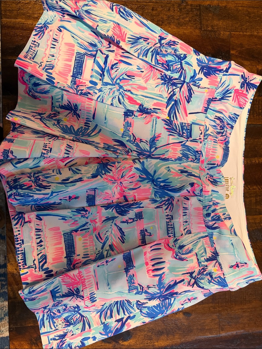 Lilly Pulitzer Palm-Print luxletic skort in Pink and Blue.